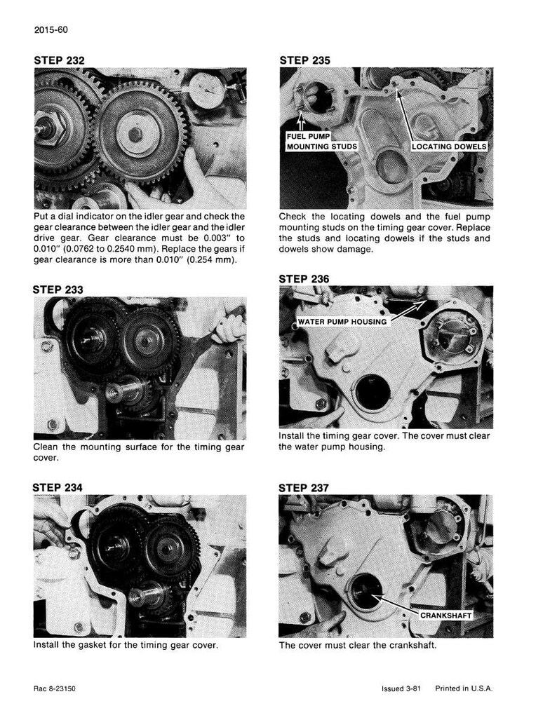 Op de afbeelding: Een zwart-wit diagram uit een handleiding, met motoronderdelen en instructies. De afbeelding bevat close-ups van tandwielen, behuizingen en de krukas. Tekstlabels identificeren onderdelen en montagestappen.
