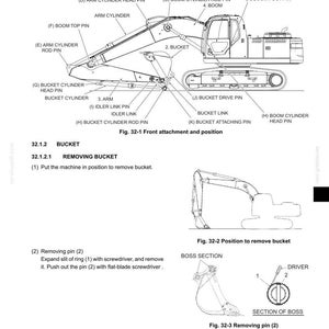 May include: Diagram of an excavator with labels for various parts, including the arm cylinder, bucket cylinder, and boom. The diagram also shows the process of removing the bucket, with detailed instructions and illustrations.