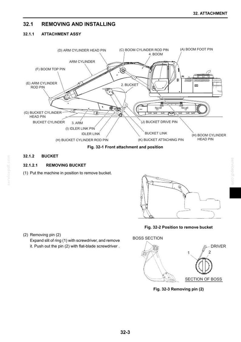 May include: Diagram of an excavator with labels for various parts, including the arm cylinder, bucket cylinder, and boom. The diagram also shows the process of removing the bucket, with detailed instructions and illustrations.