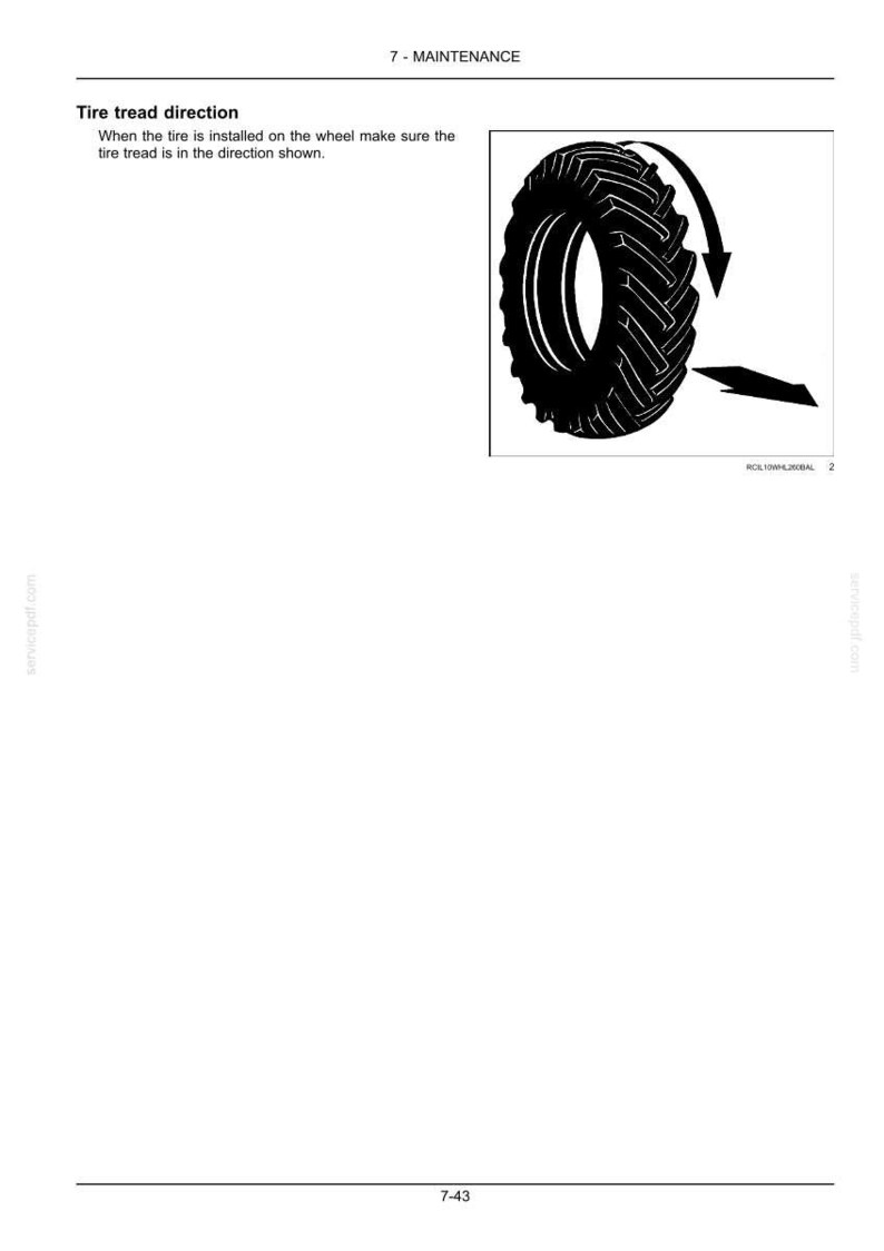 May include: A black and white technical diagram showing tire tread direction. The text reads 7 - MAINTENANCE, Tire tread direction, and When the tire is installed on the wheel make sure the tire tread is in the direction shown. A tire illustration includes arrows indicating rotation.