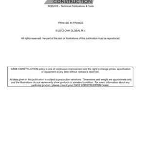 May include: A white document with the "CASE CONSTRUCTION" logo in black and gray. The text includes "SERVICE - Technical Publications & Tools" and copyright information. Printed in France.