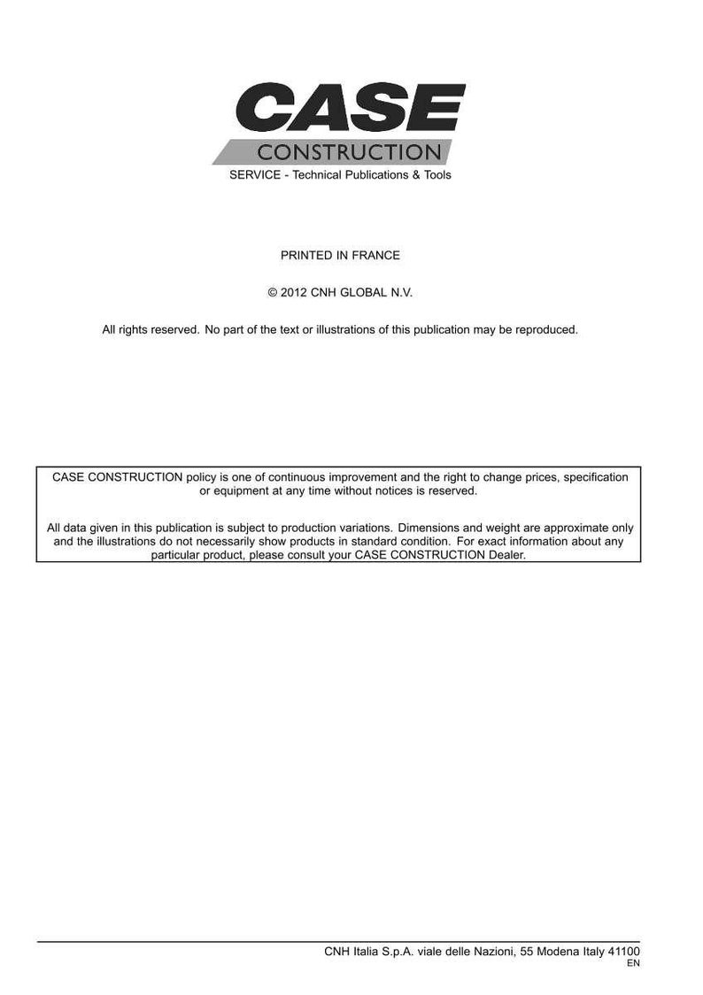 May include: A white document with the "CASE CONSTRUCTION" logo in black and gray. The text includes "SERVICE - Technical Publications & Tools" and copyright information. Printed in France.