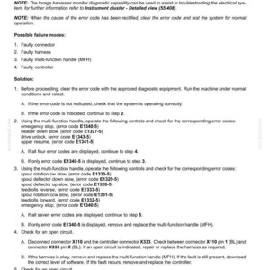 May include: A detailed technical document with fault codes for electrical systems, including E1340-05, emergency, and open circuit issues. The document provides troubleshooting steps and possible failure modes for the control module RHM.