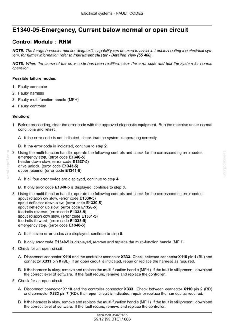 May include: A detailed technical document with fault codes for electrical systems, including E1340-05, emergency, and open circuit issues. The document provides troubleshooting steps and possible failure modes for the control module RHM.