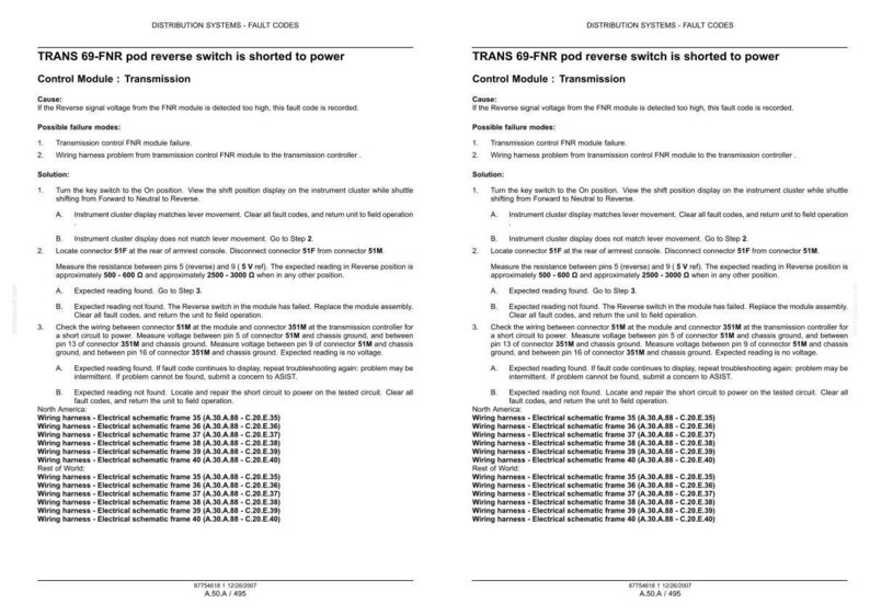 May include: A technical document page titled TRANS 69-FNR pod reverse switch is shorted to power, detailing transmission control module fault codes, causes, failure modes, and troubleshooting steps including resistance and voltage measurements.