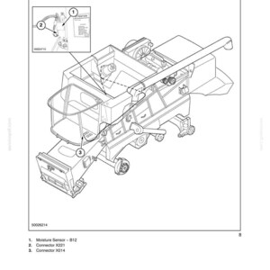 Pode incluir: Um desenho t&eacute;cnico de linha da se&ccedil;&atilde;o 55, cap&iacute;tulo 20, intitulado E0283 MOISTURE TEMP SENSOR. Ilustra um componente de colheitadeira com chamadas numeradas para o sensor de umidade B12, o conector X221 e o conector X014.