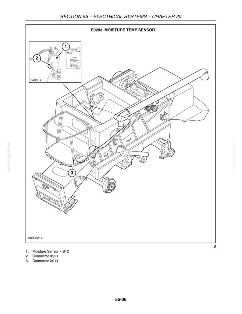 Pode incluir: Um desenho t&eacute;cnico de linha da se&ccedil;&atilde;o 55, cap&iacute;tulo 20, intitulado E0283 MOISTURE TEMP SENSOR. Ilustra um componente de colheitadeira com chamadas numeradas para o sensor de umidade B12, o conector X221 e o conector X014.