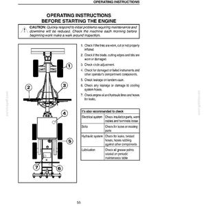 May include: A black and white diagram of a machine with numbered parts, accompanied by operating instructions. The text includes a caution about maintenance and a checklist for pre-start inspections, such as tire wear and fluid leaks.