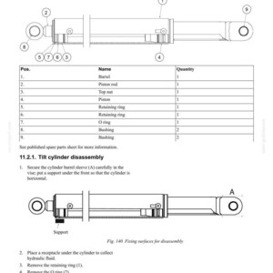 May include: Diagram of a tilt cylinder for a non-self-leveling loader, with labeled parts and a disassembly guide. Includes a parts list with names like barrel, piston rod, and retaining ring. The image also shows a diagram for disassembly.