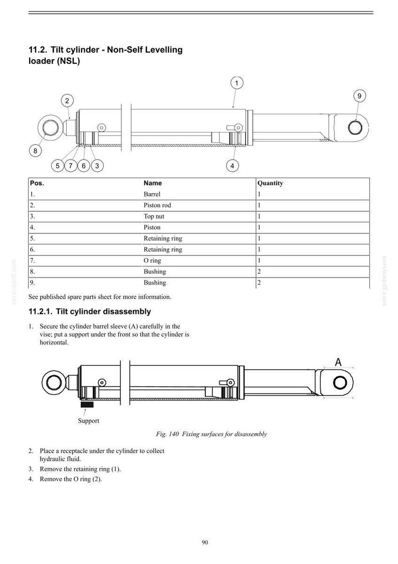 May include: Diagram of a tilt cylinder for a non-self-leveling loader, with labeled parts and a disassembly guide. Includes a parts list with names like barrel, piston rod, and retaining ring. The image also shows a diagram for disassembly.
