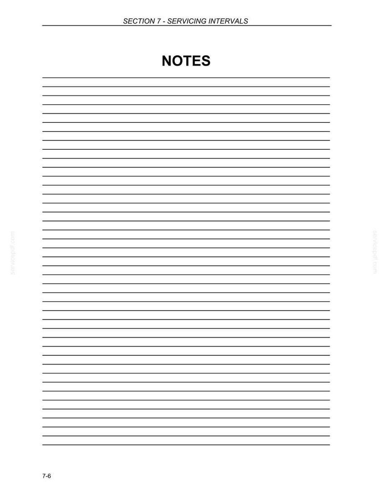 Puede incluir: Una p&aacute;gina blanca con l&iacute;neas negras horizontales para escribir notas. El texto "SECTION 7 - SERVICING INTERVALS" est&aacute; en la parte superior, y "NOTES" est&aacute; centrado. El n&uacute;mero "7-6" est&aacute; en la parte inferior.