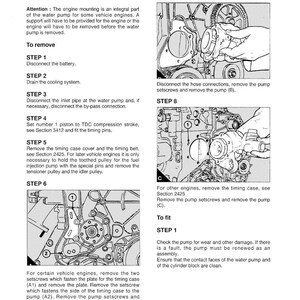 May include: Diagram from a manual detailing the steps to remove and fit a water pump. The text includes instructions for disconnecting the battery, draining the cooling system, and removing various components. The image shows engine parts.