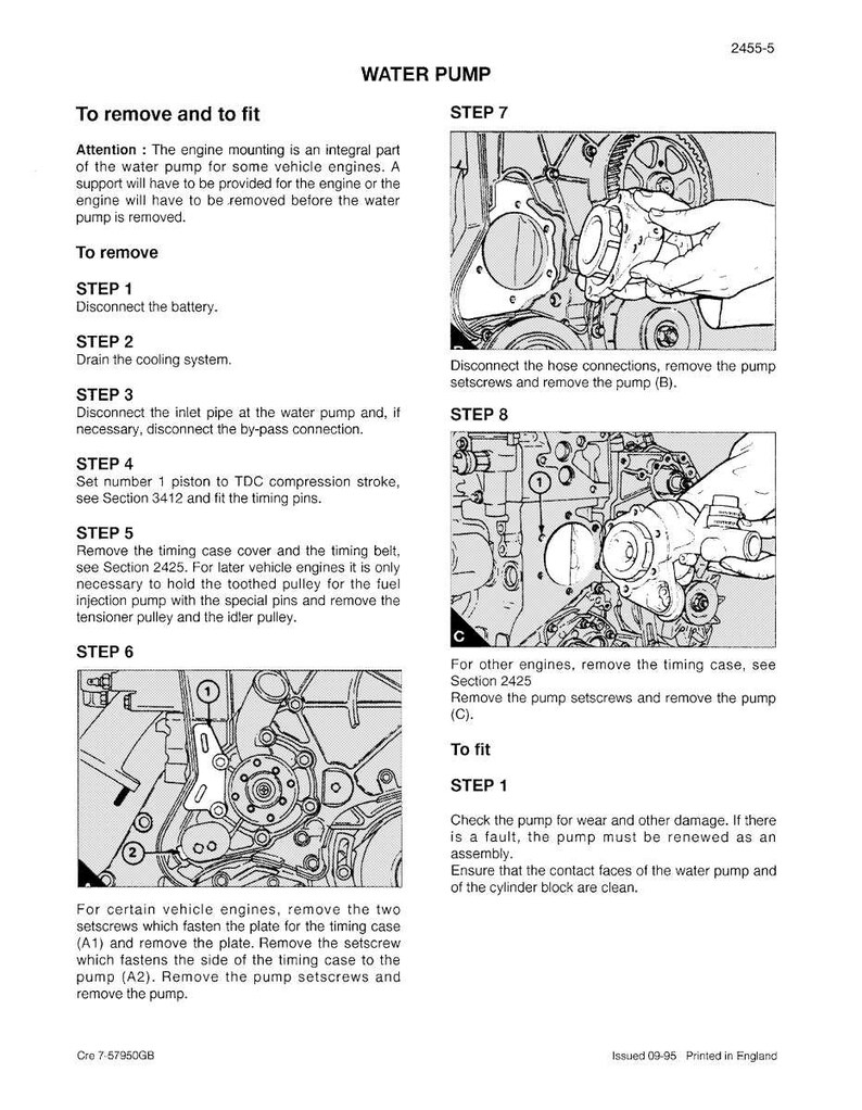May include: Diagram from a manual detailing the steps to remove and fit a water pump. The text includes instructions for disconnecting the battery, draining the cooling system, and removing various components. The image shows engine parts.