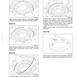 May include: Diagram of brake components with labels for installation steps. Includes images of piston seals, wear rings, and back-up rings. Text instructions detail the installation process, including the use of Loctite 415.