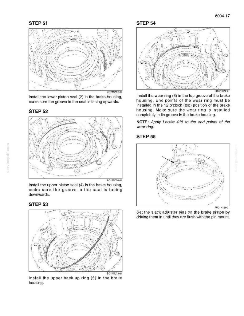 May include: Diagram of brake components with labels for installation steps. Includes images of piston seals, wear rings, and back-up rings. Text instructions detail the installation process, including the use of Loctite 415.