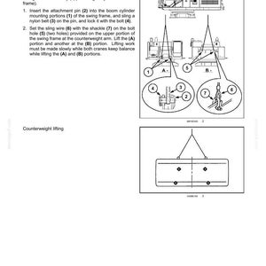 May include: Diagram illustrating transport operations, including lifting the machine body. The image shows detailed steps with numbered components, such as attachment pins, nylon belts, and sling wires, for disassembling and transporting heavy machinery.