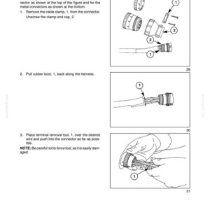 May include: Diagram illustrating the disassembly of a round electrical connector. The image shows the steps to remove the cable clamp, rubber boot, and use a terminal removal tool. Text includes "SECTION 55 - ELECTRICAL SYSTEMS - CHAPTER 2".