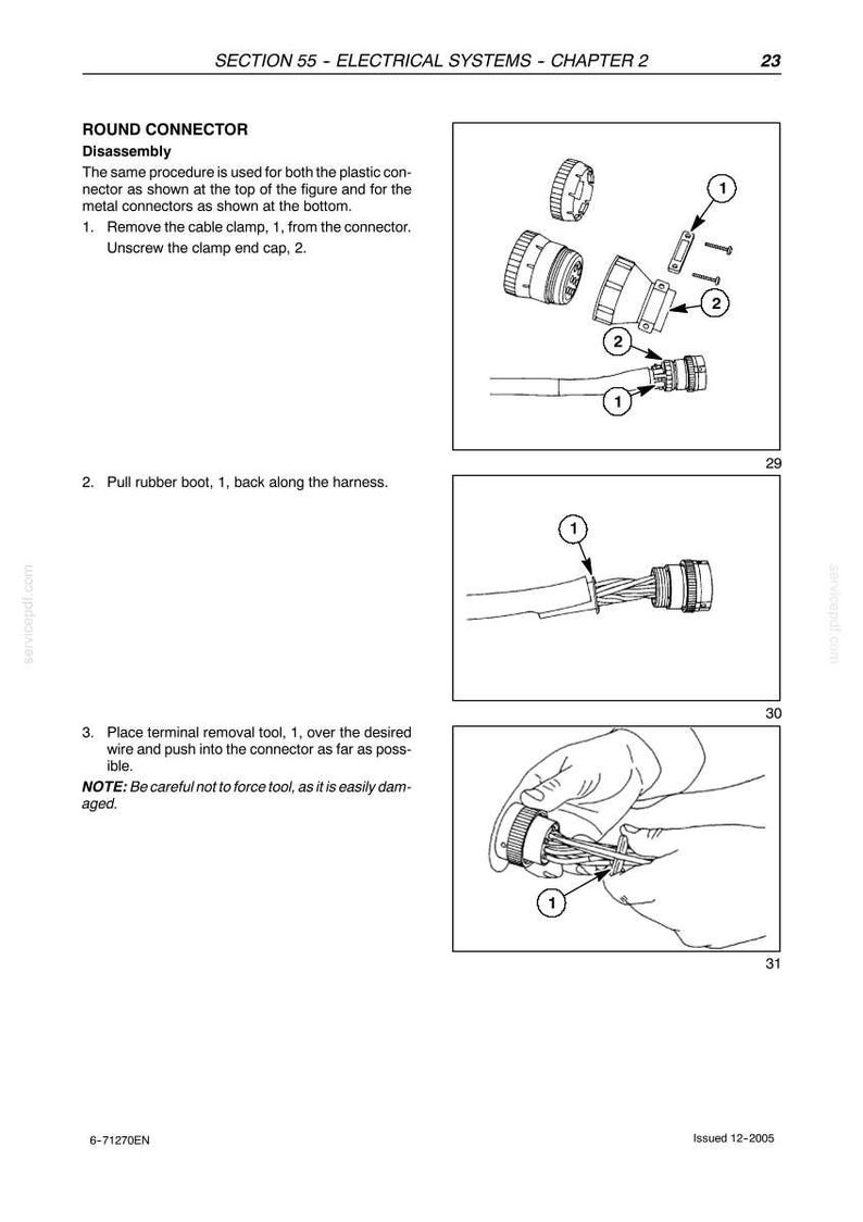 May include: Diagram illustrating the disassembly of a round electrical connector. The image shows the steps to remove the cable clamp, rubber boot, and use a terminal removal tool. Text includes "SECTION 55 - ELECTRICAL SYSTEMS - CHAPTER 2".