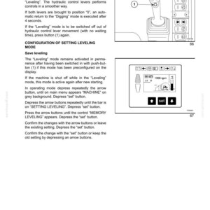Pu&ograve; includere: Pagina di un manuale operativo con diagrammi e testo. Il testo descrive la modalit&agrave; di livellamento e le impostazioni di configurazione per una macchina. Include illustrazioni di un pannello di controllo e di uno schermo.