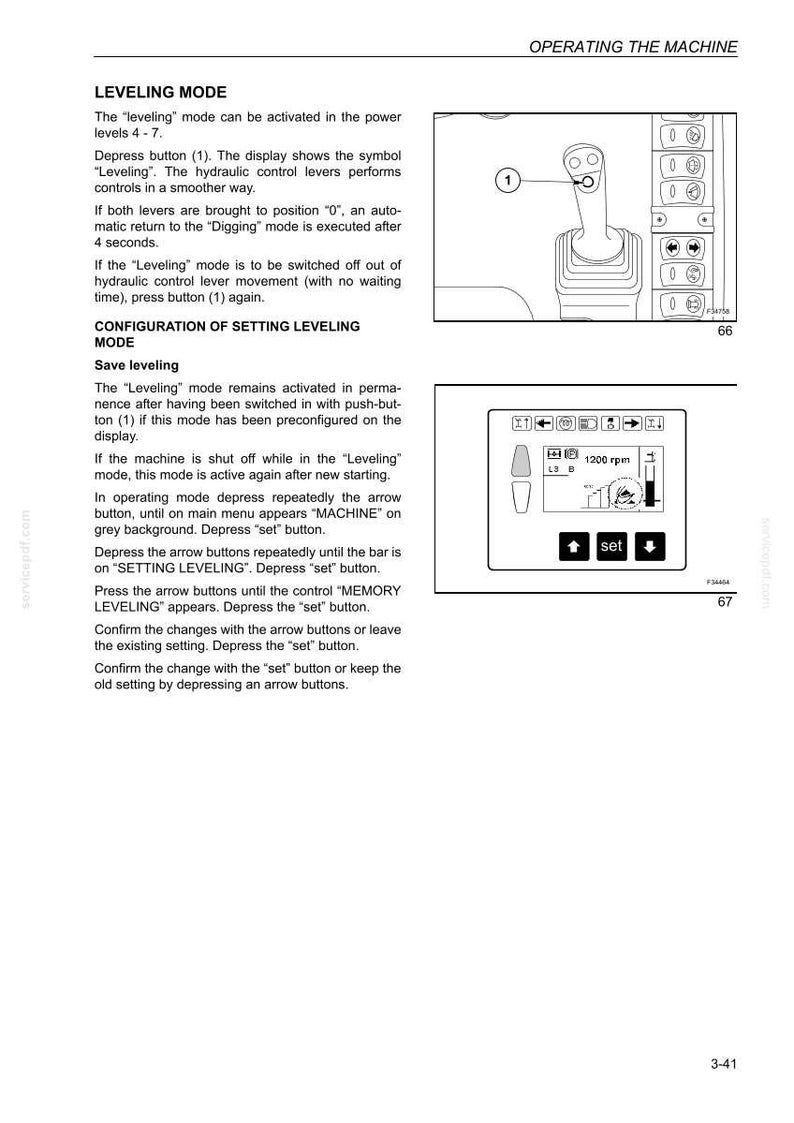 Pu&ograve; includere: Pagina di un manuale operativo con diagrammi e testo. Il testo descrive la modalit&agrave; di livellamento e le impostazioni di configurazione per una macchina. Include illustrazioni di un pannello di controllo e di uno schermo.