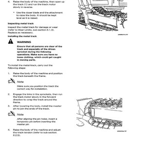 Pu&ograve; includere: Diagramma tecnico del cingolo, del telaio e del sottocarro di una macchina. Vengono fornite istruzioni per l'installazione, l'ispezione e la sicurezza del cingolo. Le illustrazioni accompagnano il testo.