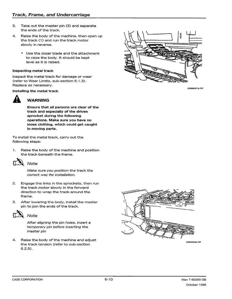 Pu&ograve; includere: Diagramma tecnico del cingolo, del telaio e del sottocarro di una macchina. Vengono fornite istruzioni per l'installazione, l'ispezione e la sicurezza del cingolo. Le illustrazioni accompagnano il testo.