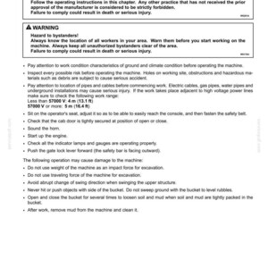 May include: A page from an operating manual with safety warnings and instructions for a machine. The text includes warnings about misuse, hazards to bystanders, and operating procedures. Measurements are in feet.