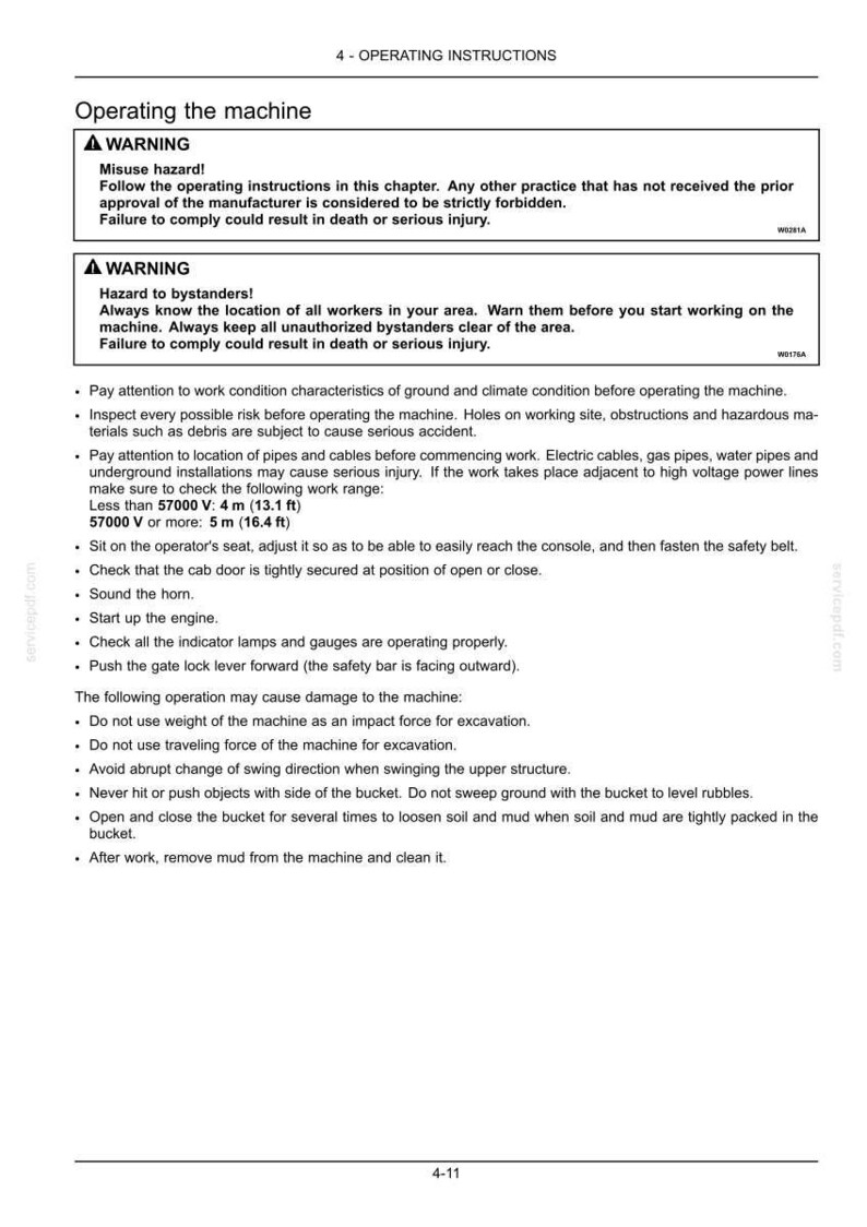 May include: A page from an operating manual with safety warnings and instructions for a machine. The text includes warnings about misuse, hazards to bystanders, and operating procedures. Measurements are in feet.