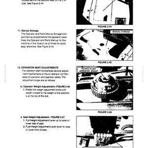 May include: A technical manual page titled Section II- MACHINE FAMILIARIZATION, featuring black and white diagrams of machine components including an insulated storage compartment, manual storage, a weight adjustment knob, and a seat height lever.