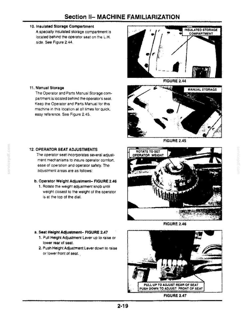 May include: A technical manual page titled Section II- MACHINE FAMILIARIZATION, featuring black and white diagrams of machine components including an insulated storage compartment, manual storage, a weight adjustment knob, and a seat height lever.