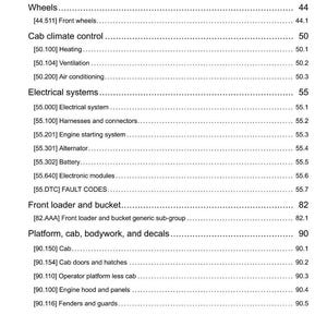 May include: A detailed table of contents from a manual, featuring various sections such as hydraulic control components, wheels, cab climate control, electrical systems, front loader, and platform components. The document includes page numbers.