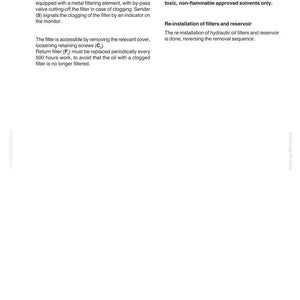 May include: A page from a manual detailing the dozing equipment hydraulic system. The text describes filters, including their function, location, and replacement. A danger warning is also present, along with instructions for re-installation.