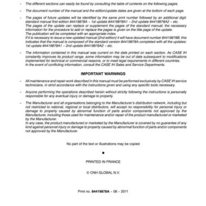 May include: A white document with black text, titled "INTRODUCTORY NOTES" and "IMPORTANT WARNINGS." The document provides information about a manual, including updates, maintenance, and safety warnings. The text includes print numbers and copyright information.