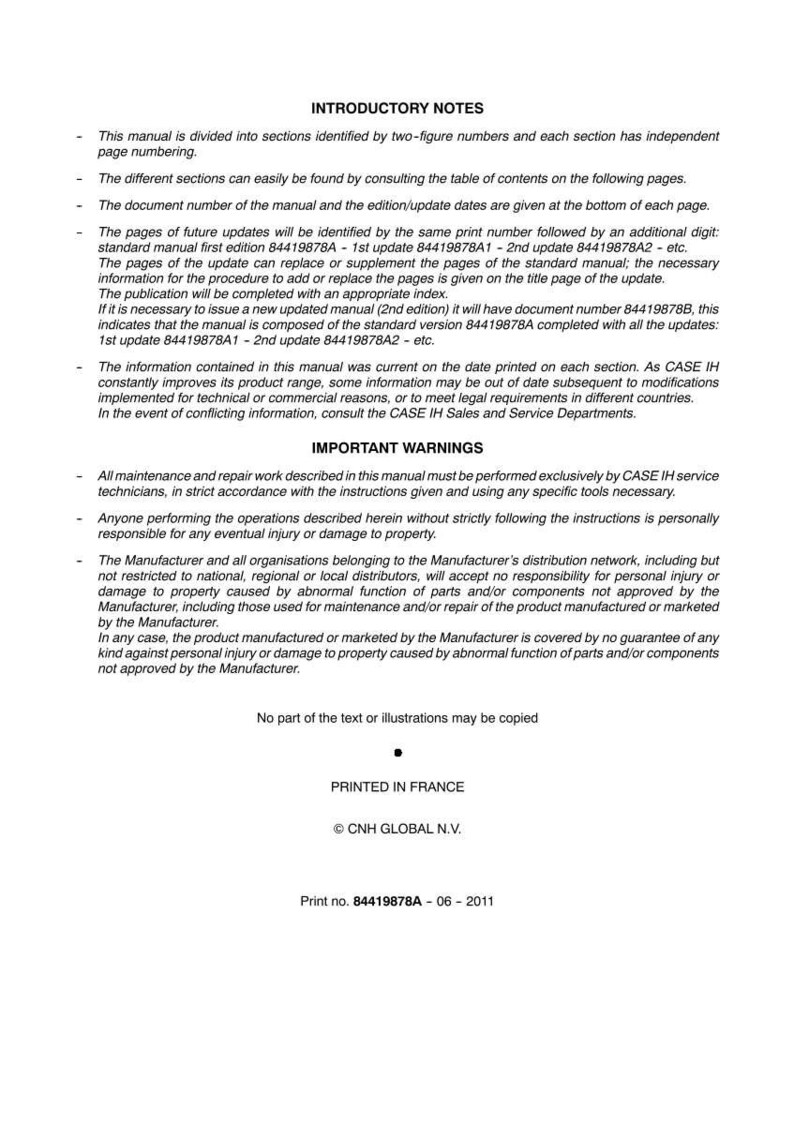 May include: A white document with black text, titled "INTRODUCTORY NOTES" and "IMPORTANT WARNINGS." The document provides information about a manual, including updates, maintenance, and safety warnings. The text includes print numbers and copyright information.