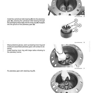 May include: Diagram of a rear axle system with planetary and final drives. The image shows the assembly process, including installing bearings and gears. Text labels identify components like the planetary carrier, roller bearing, and retaining ring.