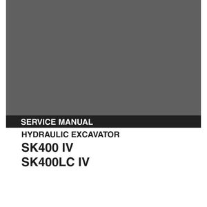 May include: A gray service manual for a Kobelco hydraulic excavator. The cover displays the text: KOBELCO, SERVICE MANUAL, HYDRAULIC EXCAVATOR, SK400 IV, SK400LC IV, Applicable: SK400 IV YSJ00001-, Applicable: SK400LC IV YSU0001-, S5YSU0002E-01, 03/95.