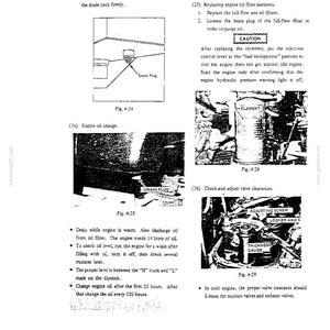 May include: A technical manual page featuring black and white diagrams and text instructions for engine maintenance, including steps for draining fuel, changing oil, replacing filter elements, and adjusting valve clearances with a thickness gauge.