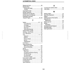 May include: A page from a manual with an alphabetical index. The index includes terms like "Steering Wheel", "Tires", and "Transmission". The page is white with black text and a small graphic at the bottom.