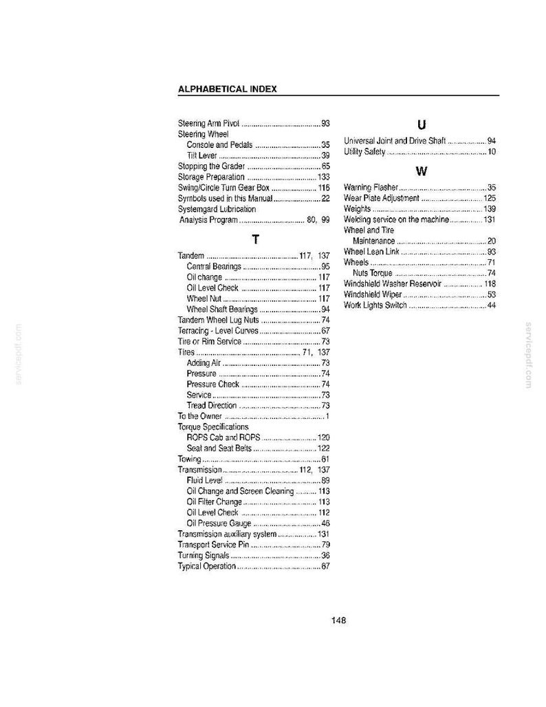 May include: A page from a manual with an alphabetical index. The index includes terms like "Steering Wheel", "Tires", and "Transmission". The page is white with black text and a small graphic at the bottom.