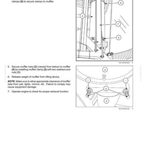 May include: Diagram of an engine's intake and exhaust manifolds and muffler, with labels for bolts, washers, and clamps. Instructions detail securing the muffler tube and checking for proper function. The diagram includes measurements in inches.
