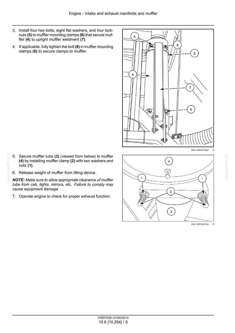 May include: Diagram of an engine's intake and exhaust manifolds and muffler, with labels for bolts, washers, and clamps. Instructions detail securing the muffler tube and checking for proper function. The diagram includes measurements in inches.