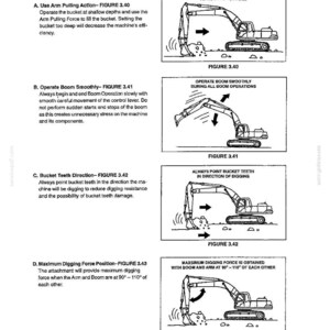 Może przedstawiać: Strona z instrukcji technicznej zatytułowana Section III- BASIC MACHINE OPERATION, zawierająca cztery czarno-białe rysunki liniowe koparki. Schematy przedstawiają techniki operacyjne, w tym ruch ramienia, wysięgnika oraz ustawienie zęb&oacute;w łyżki koparki.