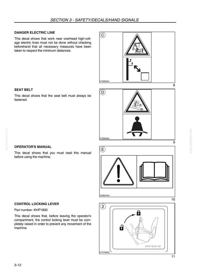 K&ouml;nnte beinhalten: Seite aus einem Handbuch mit Sicherheitsaufklebern und Handzeichen. Enth&auml;lt Warnungen vor elektrischen Leitungen, Sicherheitsgurten und der Notwendigkeit, die Bedienungsanleitung zu lesen. Zeigt auch ein Diagramm des Verriegelungshebels.