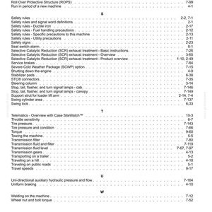 May include: A white-background page with a detailed table of contents, featuring various automotive-related topics. The text includes terms like "Safety rules," "Tire pressure," and "Transmission fluid." The page numbers are listed on the right.