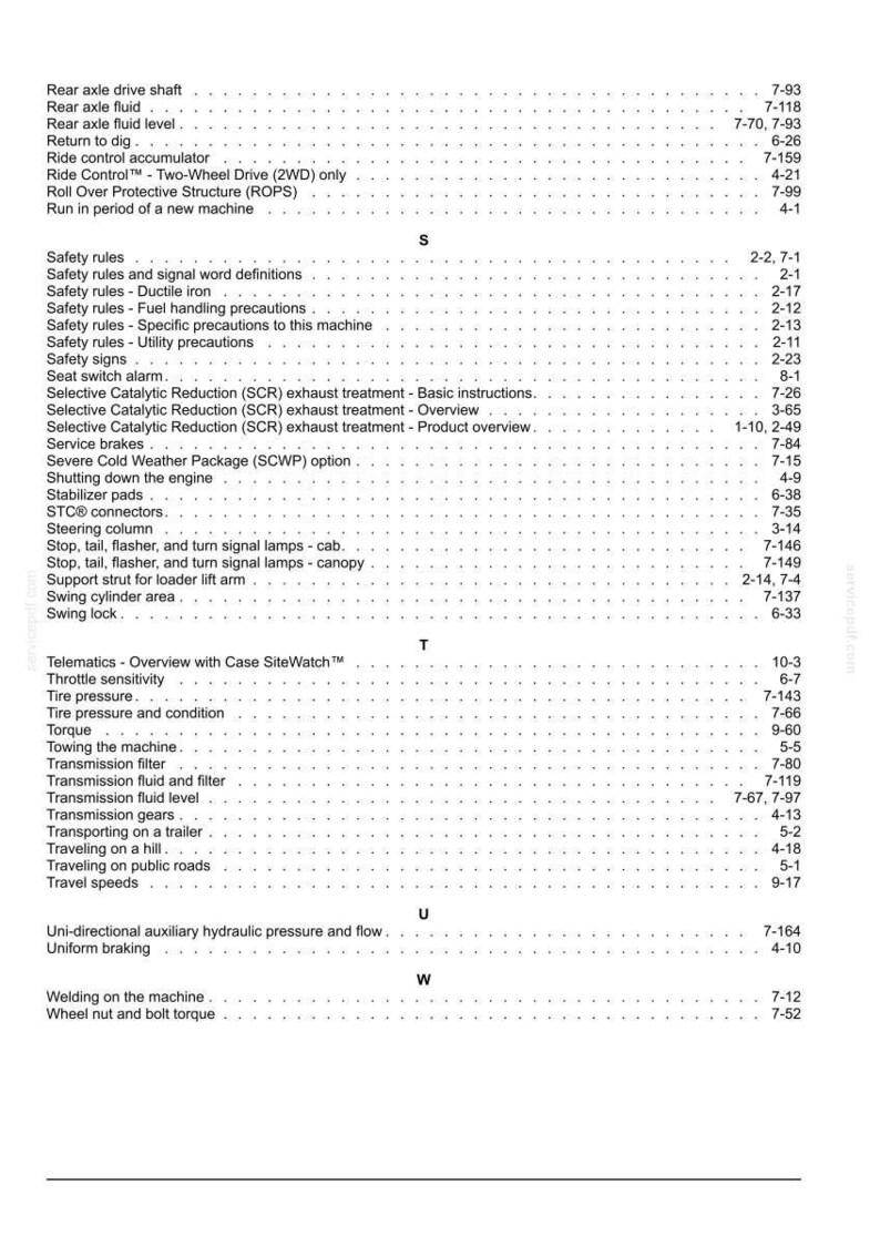 May include: A white-background page with a detailed table of contents, featuring various automotive-related topics. The text includes terms like "Safety rules," "Tire pressure," and "Transmission fluid." The page numbers are listed on the right.