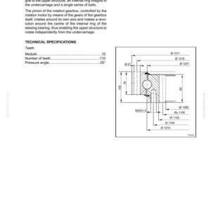 May include: Diagram of a slewing bearing, a mechanical component with an external ring, internal ring, and a series of balls. Includes technical specifications for teeth, module, and pressure angle. Dimensions are in millimeters.