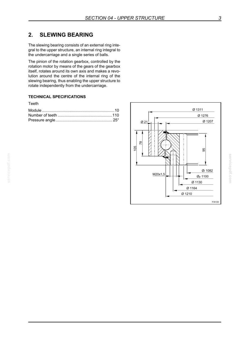May include: Diagram of a slewing bearing, a mechanical component with an external ring, internal ring, and a series of balls. Includes technical specifications for teeth, module, and pressure angle. Dimensions are in millimeters.