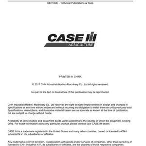 May include: A white document with the CASE IH Agriculture logo in black and red. The document includes text about CNH Industrial (Harbin) Machinery Co. Ltd and its services, printed in China.