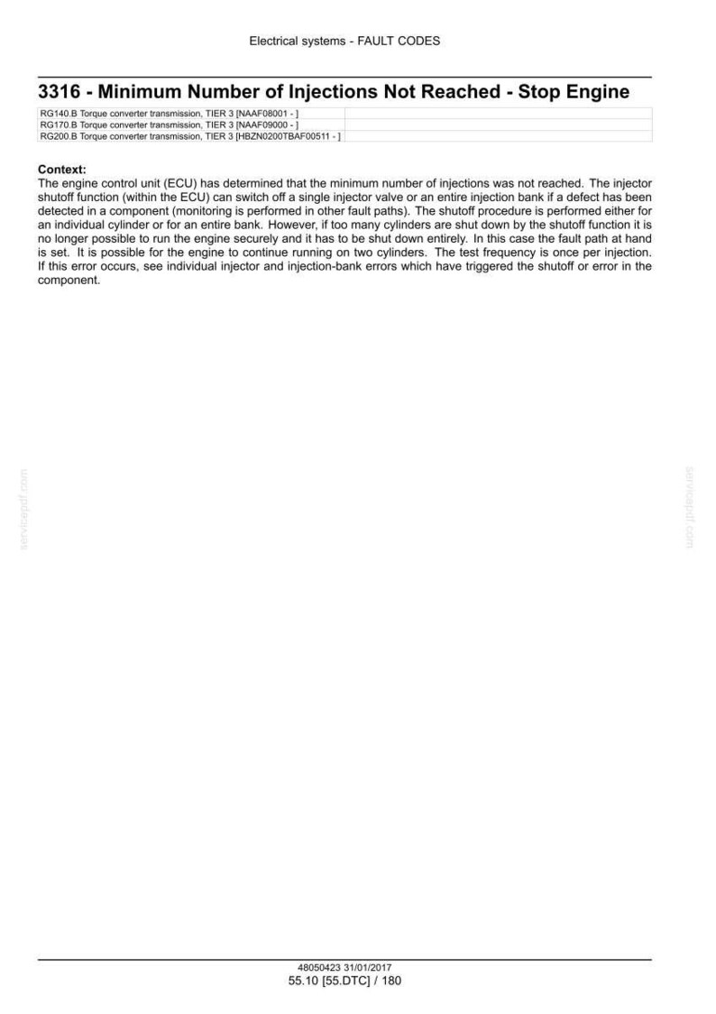 May include: A document titled "Electrical systems - FAULT CODES" with the text "3316 - Minimum Number of Injections Not Reached - Stop Engine." Includes technical details about engine diagnostics and fault codes.