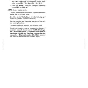 May include: A page from a manual detailing hydraulic system instructions. The text includes steps for connecting lines, checking oil levels, and diagnostic procedures. Measurements are in lb ft and inches.
